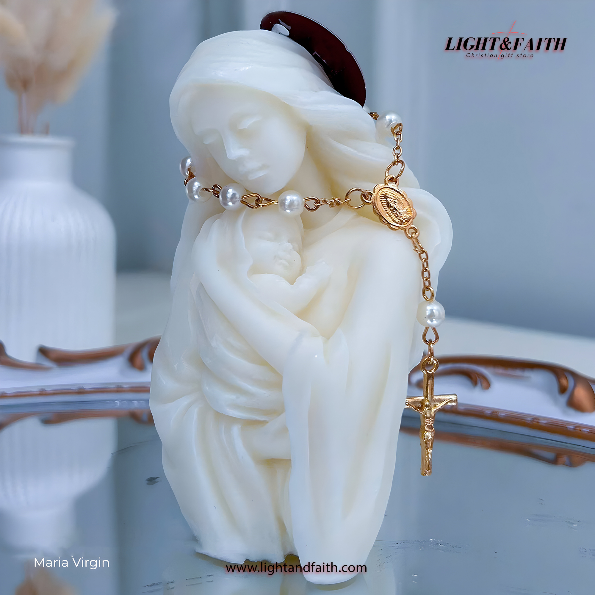 Mary and Baby Jesus Candle, Rosary Wax Statue, Catholic Gift, Prayer Altar or Christmas Nativity Decor CDLAF13